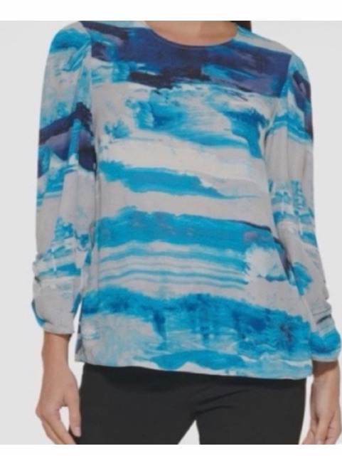 Dkny Blue Abstract Ruched Sleeve Blouse Nwt